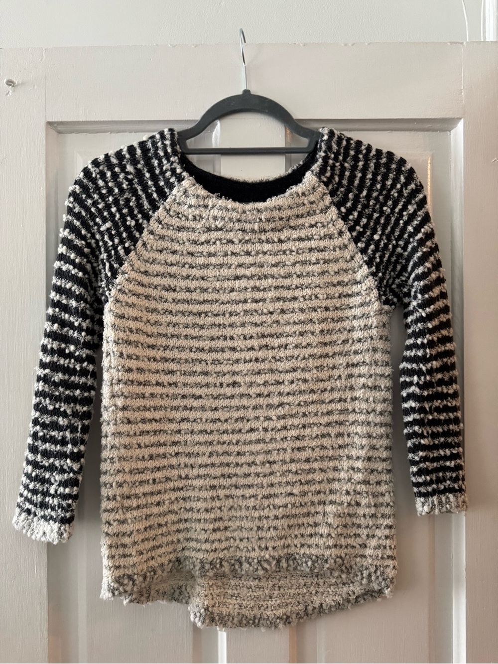 LOFT Black and Cream Striped Raglan Crewneck Sweater